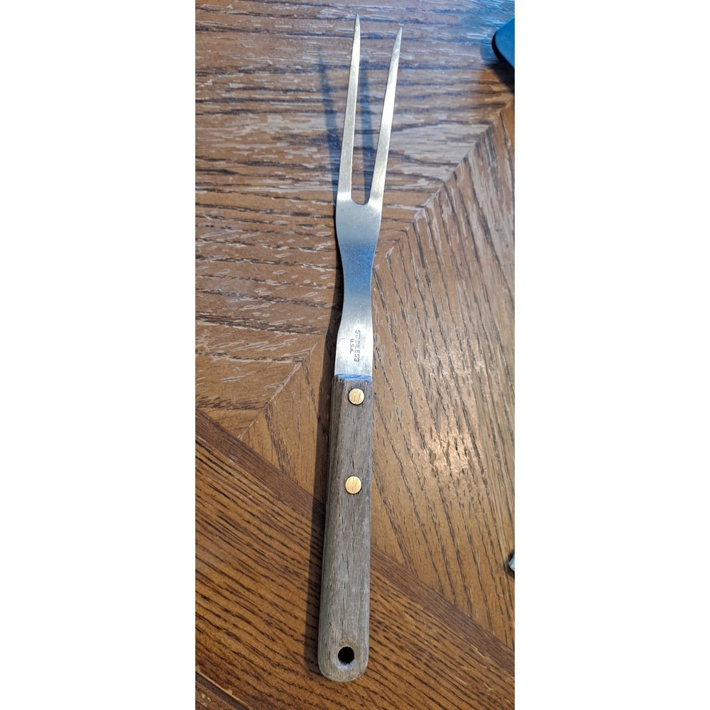 Vintage Stainless Steel Serving Meat Fork Wood Handle Made In USA 10.5"